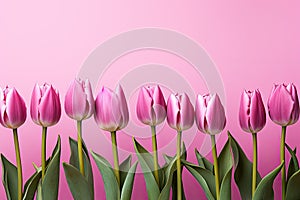 tulips on pink background, copy space Card for Mothers day, 8 March, Happy Easter. Waiting for spring