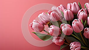 tulips on pink background, copy space Card for Mothers day, 8 March, Happy Easter. Waiting for spring