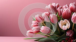 tulips on pink background, copy space Card for Mothers day, 8 March, Happy Easter. Waiting for spring