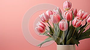 tulips on pink background, copy space Card for Mothers day, 8 March, Happy Easter. Waiting for spring