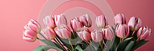 tulips on pink background, copy space Card for Mothers day, 8 March, Happy Easter. Waiting for spring