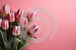 tulips on pink background, copy space Card for Mothers day, 8 March, Happy Easter. Waiting for spring