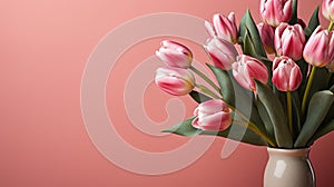 tulips on pink background, copy space Card for Mothers day, 8 March, Happy Easter. Waiting for spring