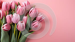 tulips on pink background, copy space Card for Mothers day, 8 March, Happy Easter. Waiting for spring