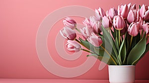 tulips on pink background, copy space Card for Mothers day, 8 March, Happy Easter. Waiting for spring