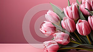 tulips on pink background, copy space Card for Mothers day, 8 March, Happy Easter. Waiting for spring