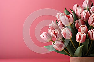 tulips on pink background, copy space Card for Mothers day, 8 March, Happy Easter. Waiting for spring