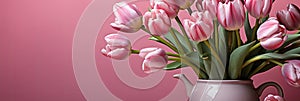 tulips on pink background, copy space Card for Mothers day, 8 March, Happy Easter. Waiting for spring