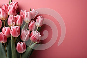 tulips on pink background, copy space Card for Mothers day, 8 March, Happy Easter. Waiting for spring