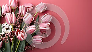 tulips on pink background, copy space Card for Mothers day, 8 March, Happy Easter. Waiting for spring