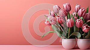 tulips on pink background, copy space Card for Mothers day, 8 March, Happy Easter. Waiting for spring