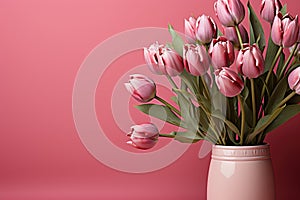 tulips on pink background, copy space Card for Mothers day, 8 March, Happy Easter. Waiting for spring