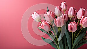 tulips on pink background, copy space Card for Mothers day, 8 March, Happy Easter. Waiting for spring