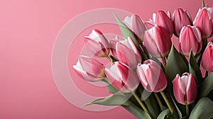 tulips on pink background, copy space Card for Mothers day, 8 March, Happy Easter. Waiting for spring