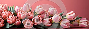 tulips on pink background, copy space Card for Mothers day, 8 March, Happy Easter. Waiting for spring