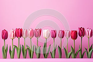 tulips on pink background, copy space Card for Mothers day, 8 March, Happy Easter. Waiting for spring