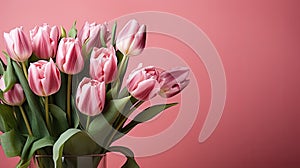 tulips on pink background, copy space Card for Mothers day, 8 March, Happy Easter. Waiting for spring