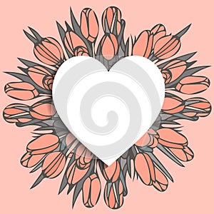 Tulips on pink background. Heart vector icon, love symbol. White background. Valentine gift. Vector design element. Pink