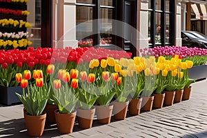 Tulips in Pots with Modern Building and Large Windows, Creating a Beautiful Springtime Scene