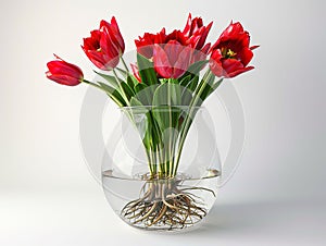 Tulips with roots grow in glass vase with water