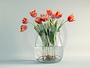 Tulips with roots grow in glass vase with water