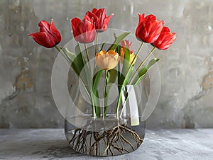 Tulips with roots grow in glass vase with water