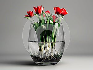 Tulips with roots grow in glass vase with water