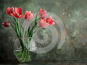 Tulips with roots grow in glass vase with water