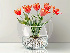 Tulips with roots grow in glass vase with water