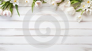 tulips spring flowers on white rustic wooden texture table top view with copy space