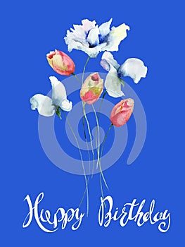 Tulips and Sweet pea flowers with title Happy Birthday