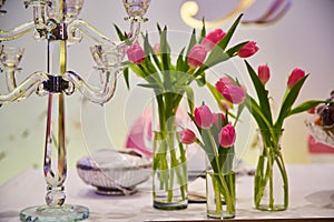 Tulips on the table in transparent vases