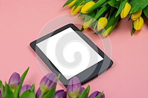 Tulips and tablet with white mockup screen on pink background. Greeting card for Easter or Women`s Day