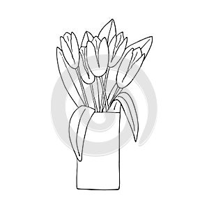 tulips in a vase bouquet icon  sticker. sketch hand drawn doodle style. minimalism monochrome. flowers  spring  holiday  decor