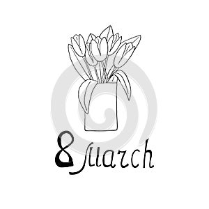 Tulips in a vase bouquet. March 8 postcard template. card, poster, sticker, banner. sketch hand drawn doodle style. minimalism,