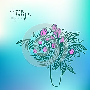 Tulips in vase. Sketch drawing on colorful background