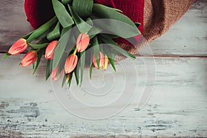 Tulips on the wood background