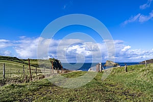 The Tulm Island, Duntulm Bay and the castle ruins on the Isle of Skye - Scotland