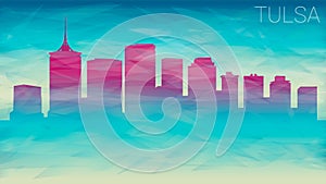 Tulsa Oklahoma City USA Skyline Silhouette. Broken Glass Abstract Geometric Dynamic Textured. Banner Background. Colorful Shape Co