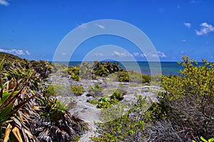 Tulum ancient Mayan port city on the Caribbean coast in Mexico YucatÃ¡n Peninsula. Views by El Castillo ruins. Central America. photo