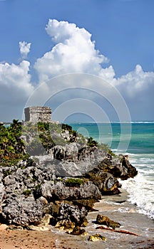 Tulum Mayan Ruins of Mexico over looking a rocky shore