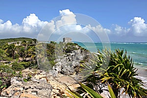 Tulum Mayan Ruins of Mexico over looking a rocky shore