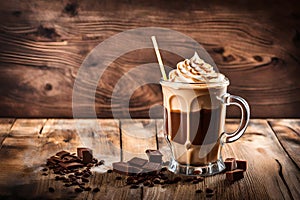 The tumbler of iced coffee with whipping cream on top. Cool summer beverage on a wooden backdrop