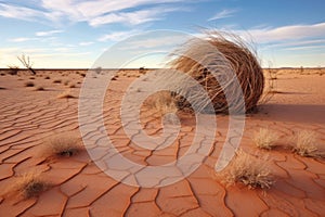tumbleweed rolling over cracked, dry desert soil