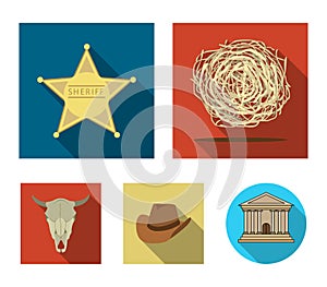 Tumbleweed, sheriff`s star, hat, bull`s skull. West West set collection icons in flat style vector symbol stock