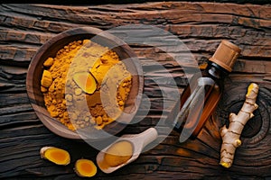 Tumeric (curcumin, curcuma longa Linn) powder in wooden bowl with root and bottle of essential oil, Generative AI