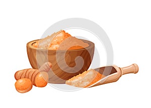Tumeric flour in wooden bowl with seeds. Healthy gluten free food. Powde in organic product. Vector illustration
