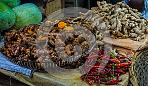 Tumeric ginger and chili for sale in an rural market