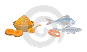 Tumeric Orange Powder in Bowl and Fish as Healthy Balanced Food Vector Set