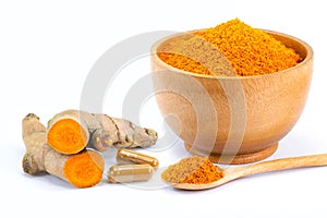 tumeric powder capsule isolated on white